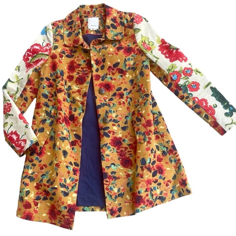 Anthropologie Mustard Floral Coat with White Floral Sleeves